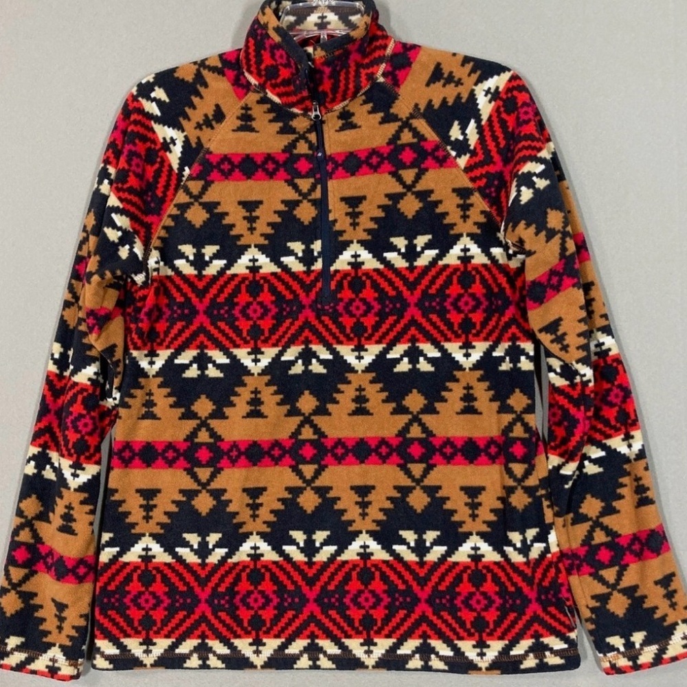 Eddie Bauer Southwestern Aztec Print 1/4 Zip Pullover Sweater XS Navy Red Tan